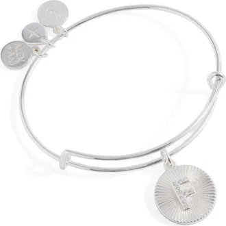Alex and Ani Pave Starburst Texture Initial Bangle Bracelet in Silver - F at Nordstrom, Size Small/medium