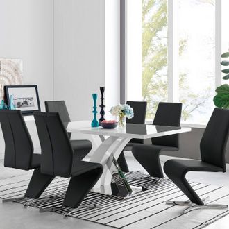 Furniturebox Atlanta Modern Rectangle Chrome Metal High Gloss White Dining Table & 6 Willow Chairs Set in Black