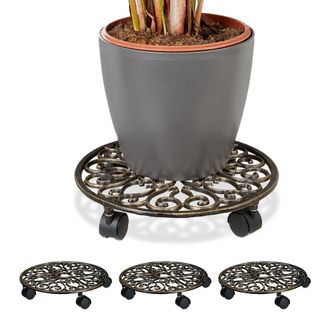 Relaxdays 4 Soportes Redondos Con 4 Ruedas Para Plantas Hecho De Hierro Fundido Resistentes A La Intemperie, &Oslash; 33,5 Cm, Bronce