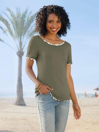 Heine T-Shirt HEINE Doppelpack Shirts, Damen, Gr. 34, khaki, ecru, 95% Viskose, 5% Elasthan, unifarben, Rundhals, Shirts T-Shirt
