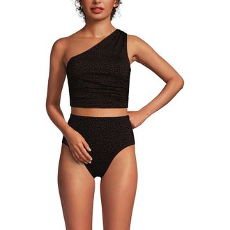 Lands End Ruched One Shoulder Midkini Swimsuit Top in Brown Leopard at Nordstrom, Size 12