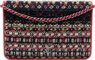 Chanel Pre-owned Womens Cc Quilted Tweed Wallet On Chain - Dark Blue Textile - One Size