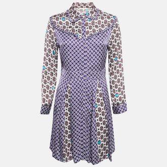 Maje Purple/multicolor Printed Crepe Button Front Mini Dress