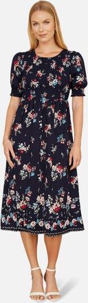 Yumi Smocked Bodice Floral Ruched Midi Dress in Navy at Nordstrom, Size 10