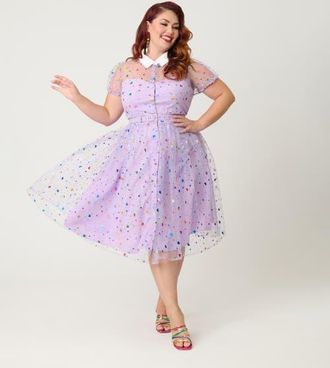 Unique Vintage Plus Size 1950s Short Sleeve Collared Hollie Swing Dress in Purple Heart Confetti at Nordstrom, Size 1X