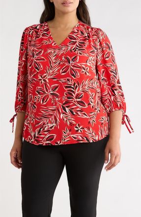 Anne Klein Floral Print Woven Shirt in Begonia Red Mlt at Nordstrom, Size 2X