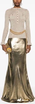 Self Portrait Lurex Ribbed Knit Top With Belt In Gold