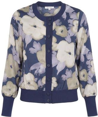 Vivid Painted Satin Long Sleeve Button Front Rib Trim Top in Navy Floral at Nordstrom, Size Medium