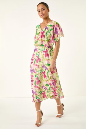 Roman Womens Petite Leaf Side Ruched Midi Dress - Multicolour - Size 16 UK