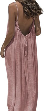 Generic Womens Backless Cami Dress for Women Casual Solid Color Sleeveless Summer Beach Vacation Casual Long Sundress (Pink,M)