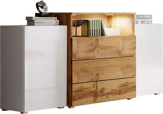 Mirjan24 C&oacute;moda Sarasota 127, Blanco + Blanco Brillante + Roble Wotan, Con Cajones Y Puertas, N&uacute;mero De Cajones: 0, 81x150x39cm, Led
