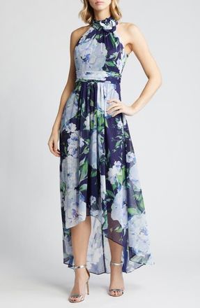 Eliza J Floral Chiffon High-Low Midi Dress in Navy at Nordstrom, Size 6