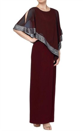 Alex Evenings Long Asymmetrical Cape Overlay Dress In Fig