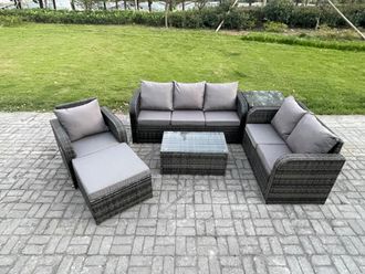 Fimous Patio Garden Furniture Sets Wicker 7 Seater Outdoor Rattan Furniture Sofa Sets with Rectangular Coffee Table Reclining Chair in Dark Grey