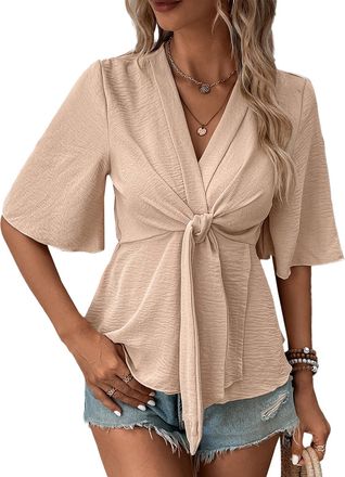 Generic Womens V Neck Top Blouse Tie Front Knot Half Sleeve Shirts 2025 Summer Boho Flowy Blouses Tops Apricot