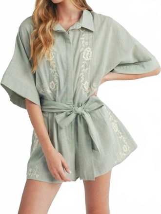 Mabel the Belt Embroidered Button Down Collared Romper In Green