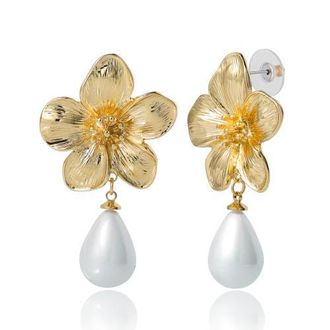 Jessica Simpson Gold-Tone Flower Earrings with Dangling Faux Pearl, Drop Earrings for Women in Gold Tone at Nordstrom