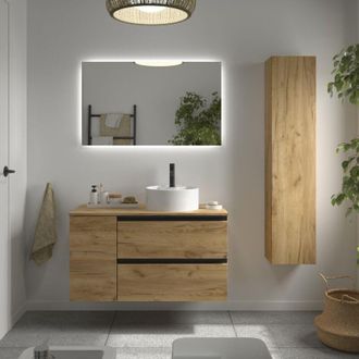 Cygnus Bath Mueble De Ba&ntilde;o Bequia Plus Metal 90cm Roble Lavabo Sobre Encimera Porcelana Lado Reversible 1p