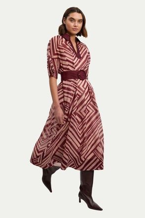 Karen Millen Printed 3/4 Sleeve Plunge Midi Dress in Stripe at Nordstrom, Size 10
