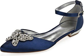 Generic Women Satin Wedding Flats Shoes Pointed Toe Prom Evening Bridal Party Dress Flats 2Cm,Dark Blue,10 UK