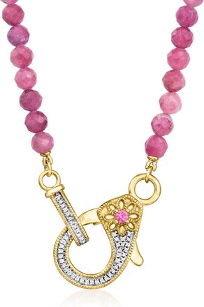 Ross-Simons Pink Tourmaline Bead and. Diamond Lobster Clasp Necklace With Single Rhodolite Garnet in 18kt Gold Over Sterling