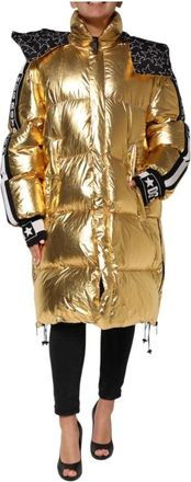 Dolce & Gabbana Luxe Gouden Hooded Pufferjas met Logo - Dames - Parka Jassen - Geel - S - Polyester - Jassen