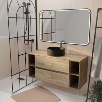 Aurlane Aurlane - Mueble de baño 120 Efecto Roble 2 cajones, Lavabo blanco, Espejo Led 120x70