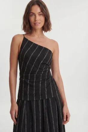 Karen Millen Asymmetric Beaded Pinstripe Top in Black at Nordstrom, Size 10