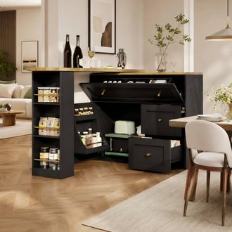 Merax Black Extendable Bar Table with Storage Sideboard Cabinet