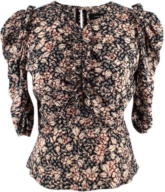 Isabel Marant Black Floral Puff Sleeve Silk Blouse Size XS