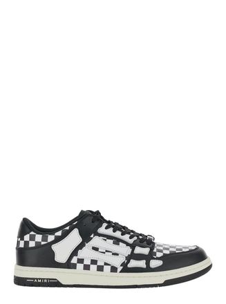 Amiri Skel Top Low Black And White Bi-Color Sneakers With Skeleton Patch With Check Motif In Leather Man