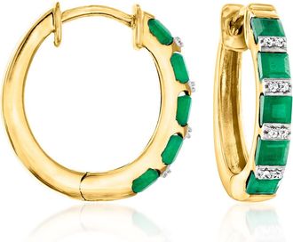 Ross-Simons Emerald Hoop Earrings With Diamonds in 18kt Gold Over Sterling
