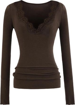 Generic Lace Sexy Womens Tops V Neck Long Sleeve Thermal Basic Base Layer Lightweight Underwear Jumpers Ladies Slim Fit Shirts Solid Color Tunic Top Fitted La