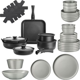 TecTake Set b&aacute;sico de cocina para 6 personas, 41 piezas, gris/negro