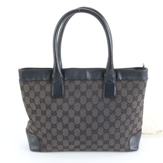 Gucci Black Leather Canvas Handbag Tote Bag (Pre-Owned)