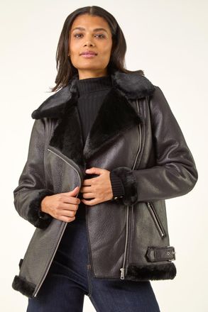 Roman Faux Fur Lined Zip Detail Aviator Jacket