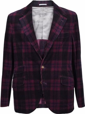 Brunello Cucinelli MenS Burgundy Plaid Corduroy Blazer, Size 36