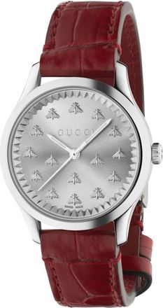 Gucci 32 mm stalen kast- zon geborstelde wijzerplaat met bijen- rode gekleurde alligator band - Dames - Horloges - Bruin - ONE Size - Accessoires