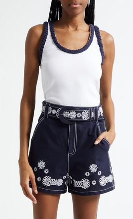 Cinq à Sept Braided Trim Stretch Cotton Tank in White/Navy at Nordstrom, Size X-Large