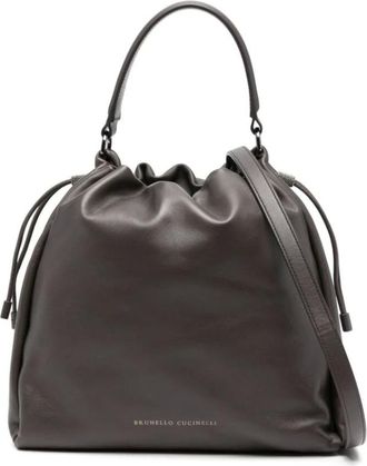 Brunello Cucinelli Tassen, Dames, Grijs, ONE Size, Leer, Grijze Leren Kettingdetail Trekkoord Tas