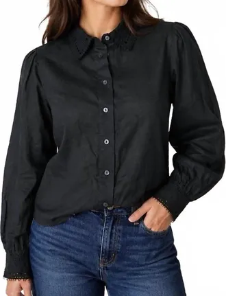 Elie Tahari Front Button Embroidered Trim Collar Blouse In Black