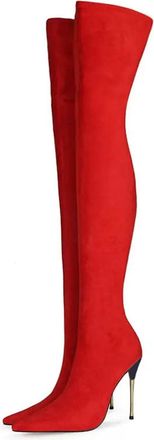 Generic Red,6.5 UK,Womens Thigh High Boots Faux Suede Elasticity Heels Over The Knee Boot Pointed Toe Fashion Fall Winter Stiletto Heel Dress Shoes