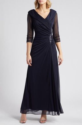 Alex Evenings Pleated Portrait Collar Chiffon Gown in Navy at Nordstrom, Size 10