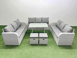 Fimous 11 Seat PE Rattan Garden Furniture with 2 Small Stools Light Grey