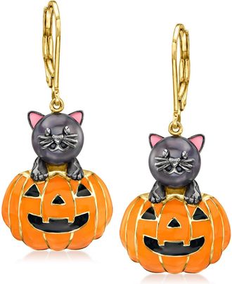 Ross-Simons 8-8.5mm Black Cultured Pearl Cat and Orange Enamel Pumpkin Drop Earrings in 18kt Gold Over Sterling