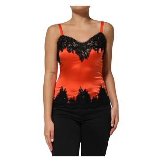 Dolce & Gabbana Sleeveless Tops, female, Orange, Size: XS Red Black Lace Trim Silk Tank Top
