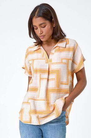 Roman Geometric Print V-Neck Collar Top