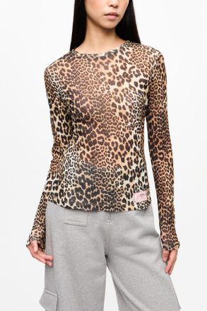 Ganni Leopard Printed Mesh Long-sleeve Blouse - Size 32 Mixed