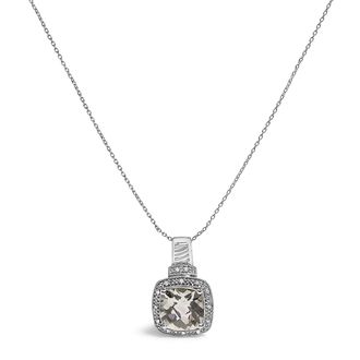 House of Brilliance Sterling Silver Cushion Gray Green Amethyst and Diamond Accent Halo Pendant Necklace