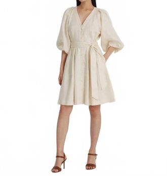 Ralph Lauren Belted Linen Bubble-Sleeve Shirtdress In White